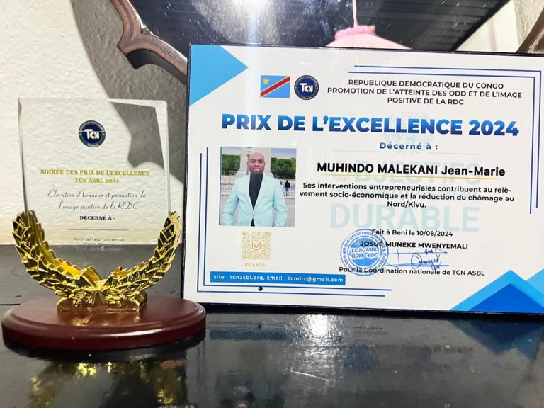 Beni : Muhindo Malekani Jean-Marie, PCA de Soprocopiv, reçoit le Prix d’Excellence 2024